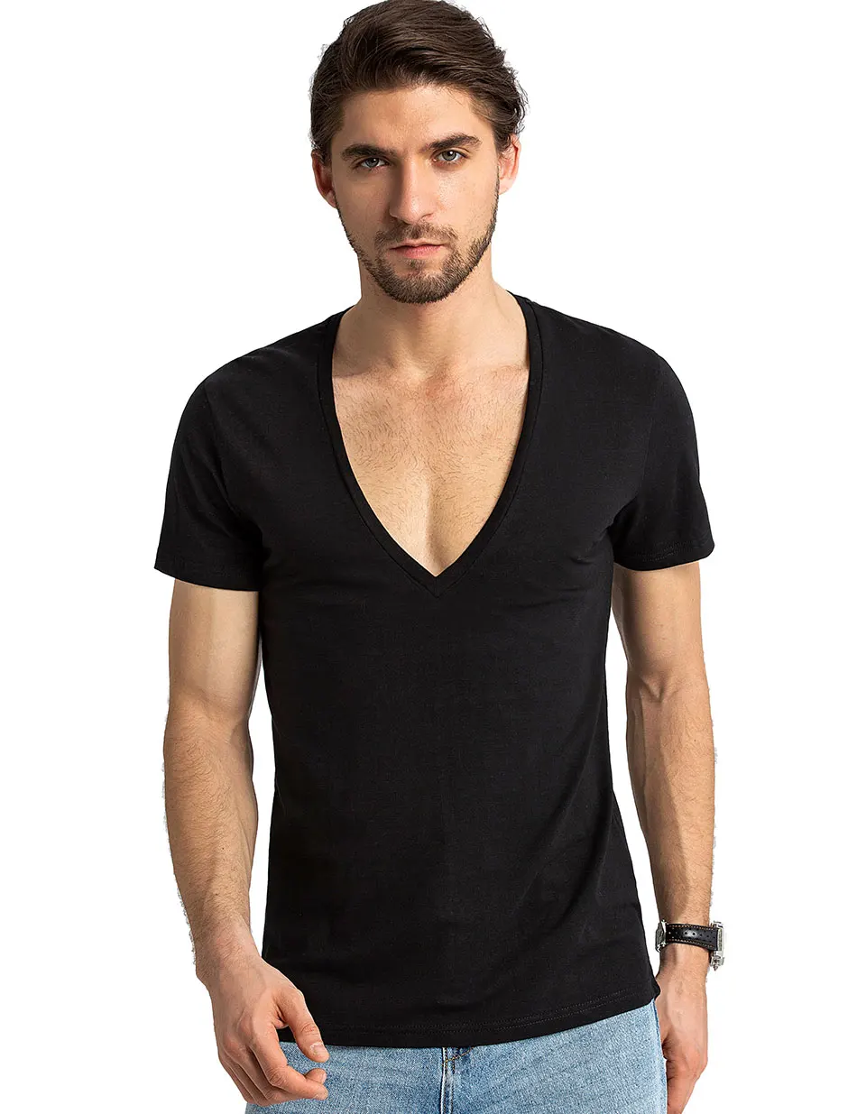 Deep V Neck T Shirt for Men Tshirt Invisible Undershirt Male Low Cut Vneck Wide Vee Tee Model Scoop Hem Slim Fit Short Sleeve