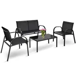 Costway 4 шт набор мебели для патио Диванный кофейный столик стальная рама садовая колода черный