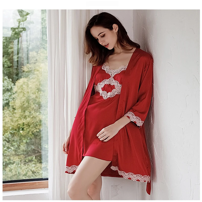 Red Sleepwear ice silk sling female Korean lace sling sexy nightware suit home service new arrival party Nightgown long robe