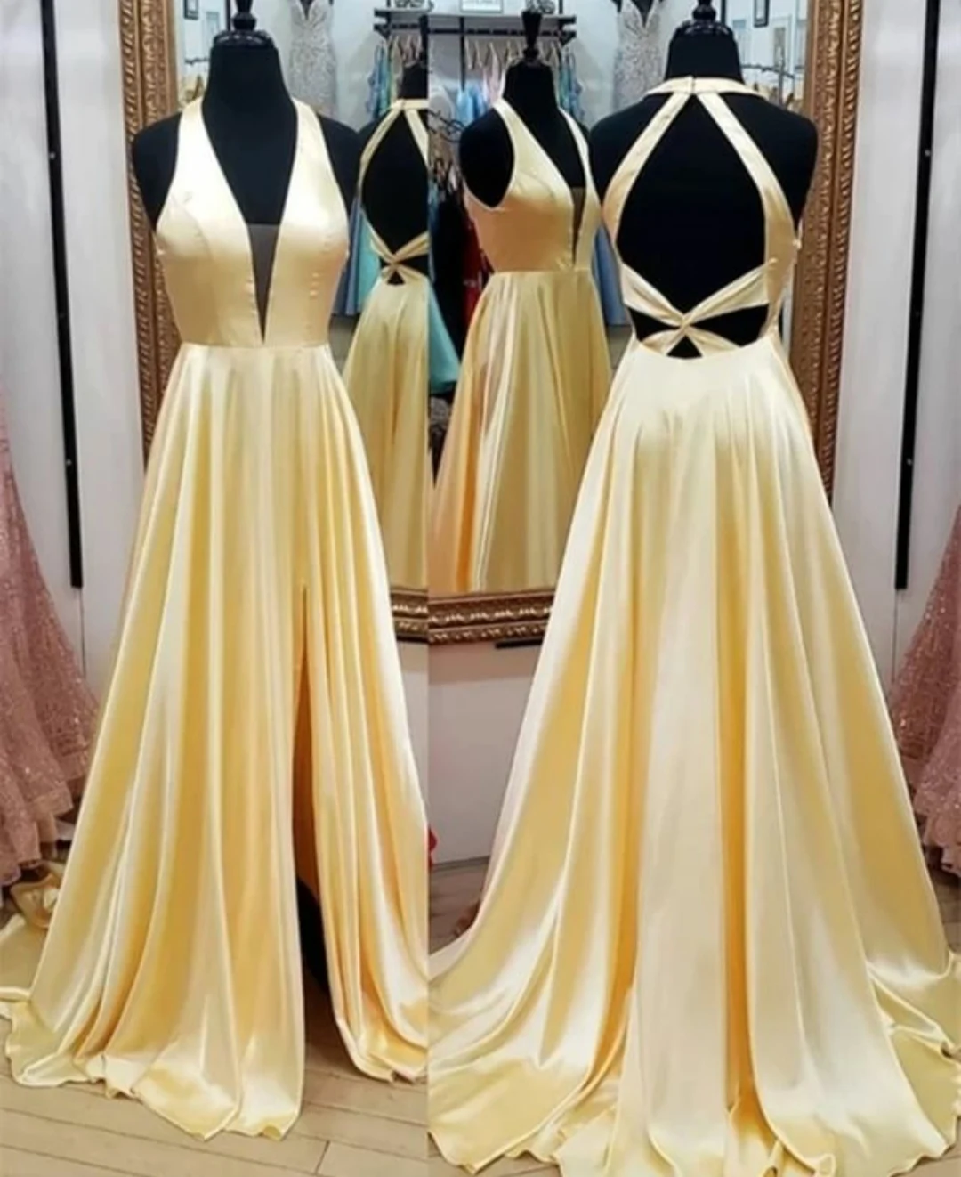 

A-Line Pleated Satin Long V-Neck Prom Dresses with Pockets Open Back Floor Length Yellow Robe De Soiree Red Formal Party Gown