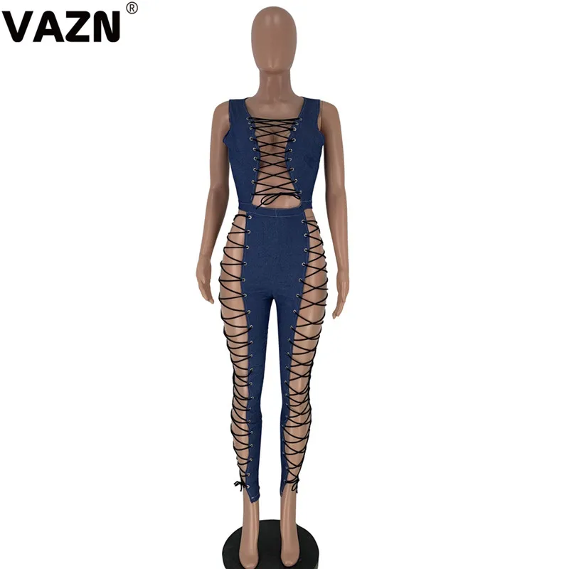 VAZN GFNN18242 drak blue hole bandage high street V-Neck Женский комбинезон без рукавов Короткие штаны комбинезоны сексуальные Клубные Комбинезоны