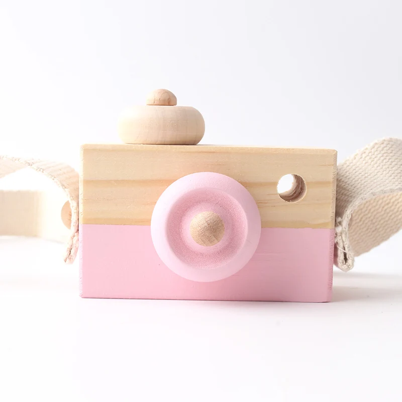Pink Подвесная деревянная камера в скандинавском стиле для детей, детская игрушка, милая ручная работа, для домашней комнаты, полка, Декор, с широким ремешком, мини деревянная камера - Цвет: Pink