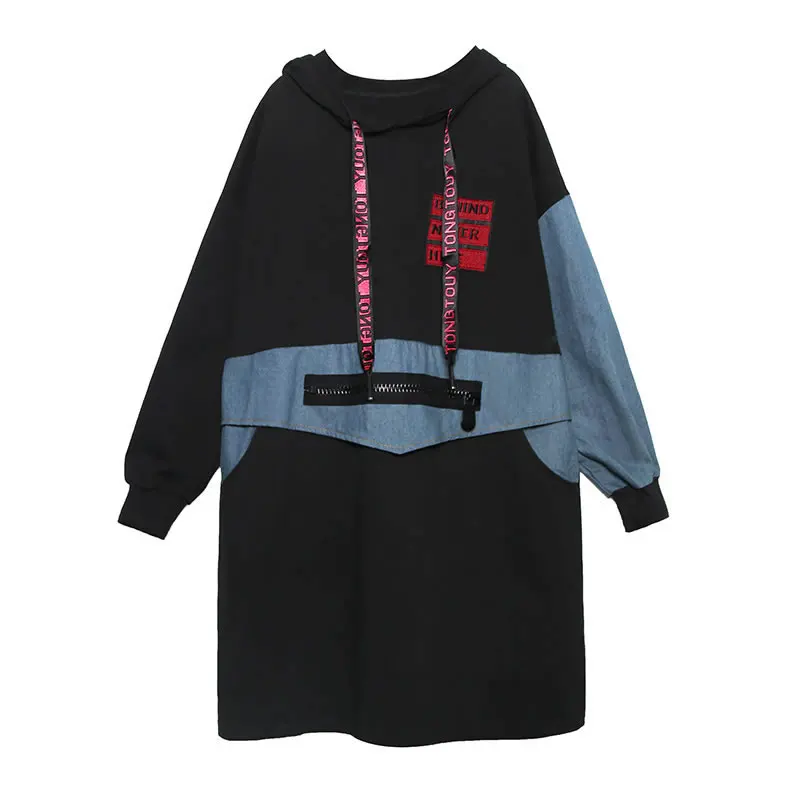 black WLD2769 XITAO лоскутное платье миди с буквенным принтом женская одежда с карманами на молнии модное платье с капюшоном и воротником больших размеров осень WLD2769 - Цвет: black WLD2769