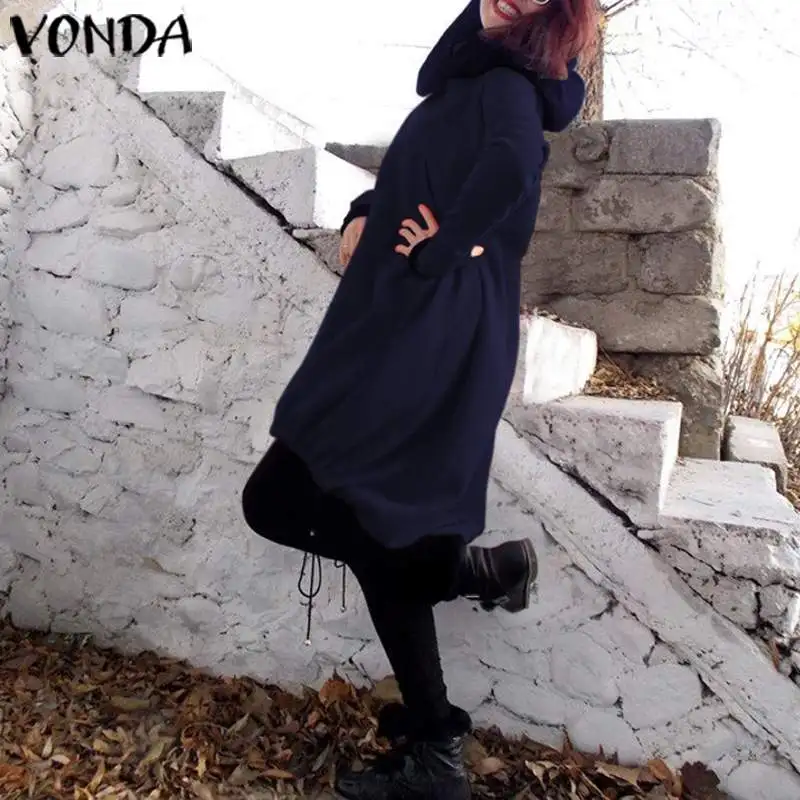 VONDA осенне-зимнее платье с длинным рукавом для будущих мам Повседневная одноцветная толстовка с капюшоном платья богемные пляжные вечерние платья Vestidos модный Халат - Цвет: Тёмно-синий