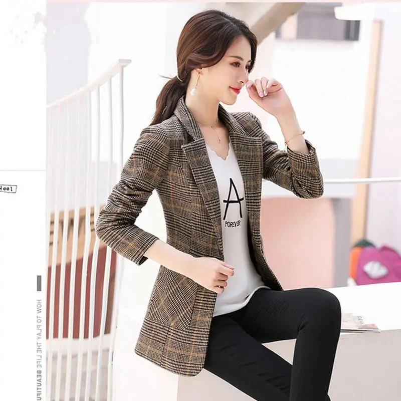 Vangull Women Autumn Plaid Blazer Spring Long Sleeve Slim Checked Coat Formal Jacket Office Suit Lady Outerwear Plus size XXXXL