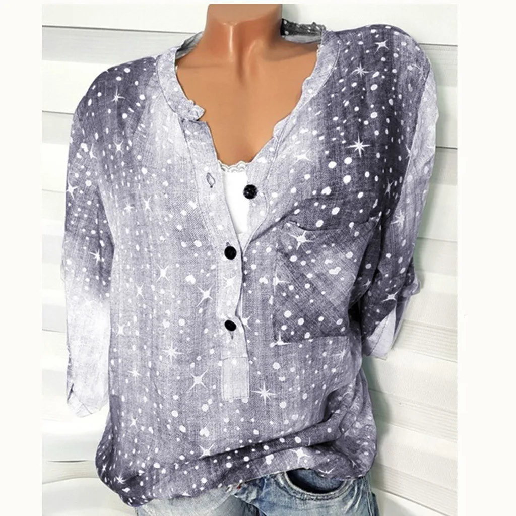 Women's Summer Blouse Fashion Print Pocket Color Matching V-Neck Button womens tops and blouses Women blouse camisas mujer NEW