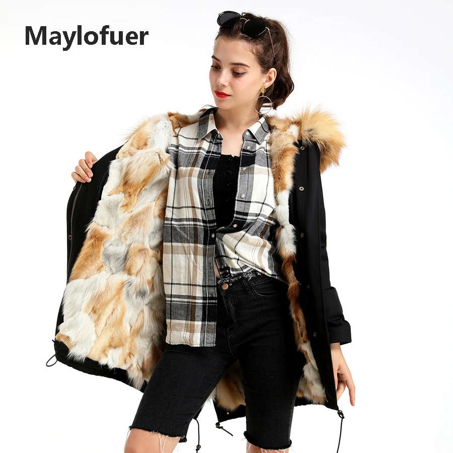Maylofuer красный пуховик с мехом лисы съемный подклад куртки женские шубы с капюшоном Золотой лисий мех пальто женские зимние теплые парки
