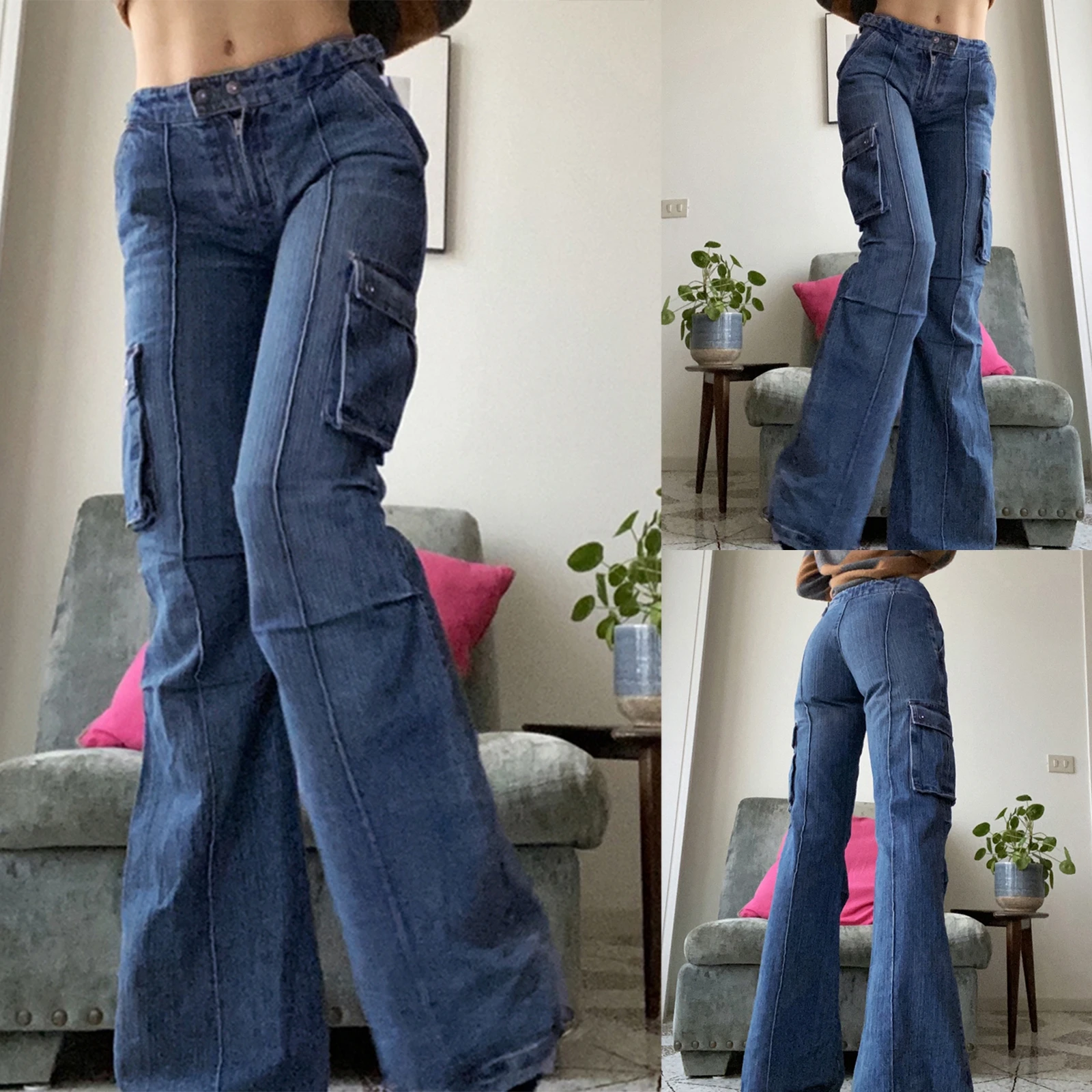 2021 Autumn Women Hip Lift High Waist Denim Jeans Solid Color Slim Fit Straight Casual Long Pants with Side Pockets Blue S/M/L | Женская