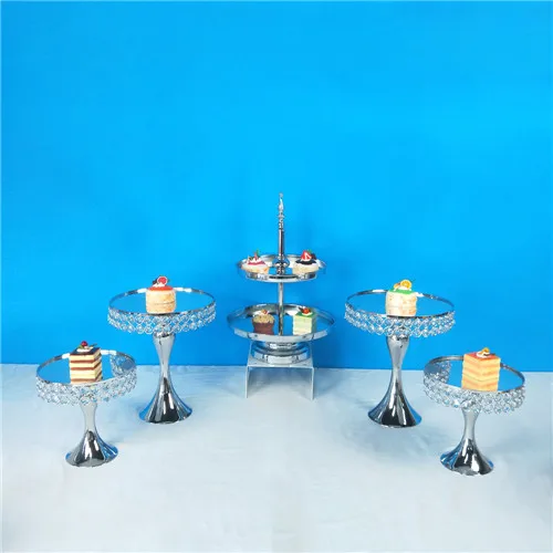 Sliver 2tier 5PCS Tobs Золотая Хрустальная подставка для торта набор Золотое зеркало Гальваническое лицо Свадебная вечеринка стол инструменты для украшения десерт конфеты бар - Цвет: Sliver 2tier 5PCS