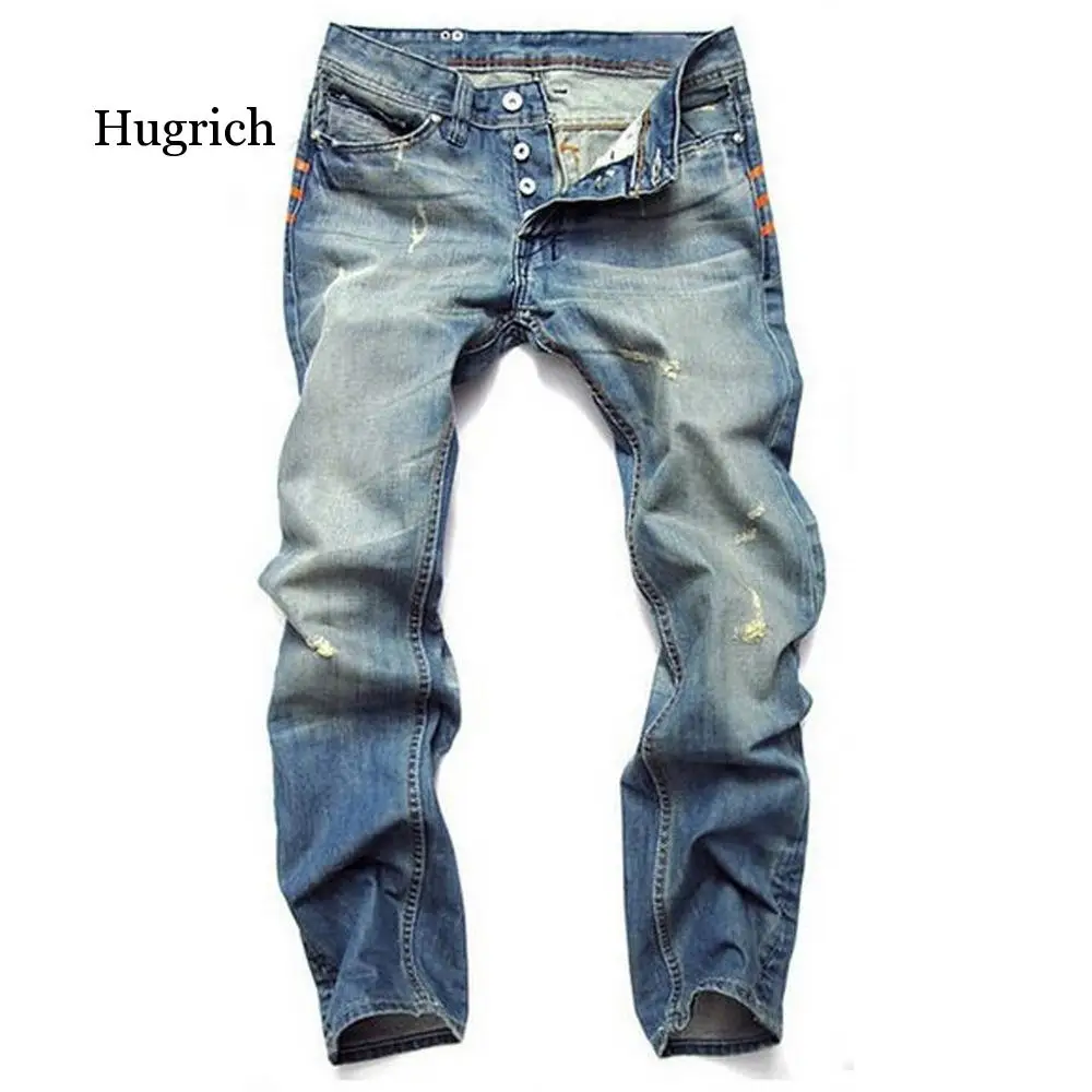 

Fashion Men's Light Blue Distressed Washed Denim Jeans Vintage Straight Slim Fit Hommes Cowboys Trousers Button Male Jean Pants