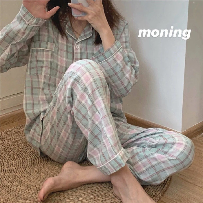 Ladies spring and autumn style net red printed plaid pajamas set lapel long-sleeved trousers 2-piece home service casual pajamas satin pajamas Pajama Sets