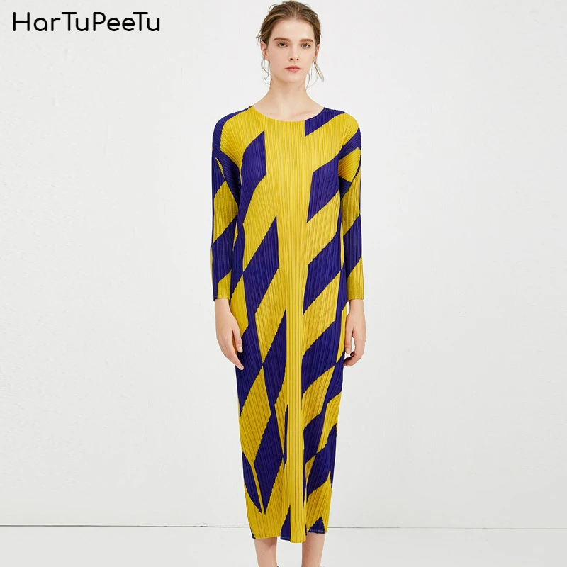 

Geometric Print Dress Women Elegant Plus Size Fit Pleated Maxi Dresses 2020 Spring Summer High Elastic Vestido O Neck 3/4 Sleeve