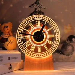 Led Clock 3D Night Light USB Charging Creative Gift Small Table Lamp Bedroom Bedside Lamp Warm Retro Ornament Decorative Lamp