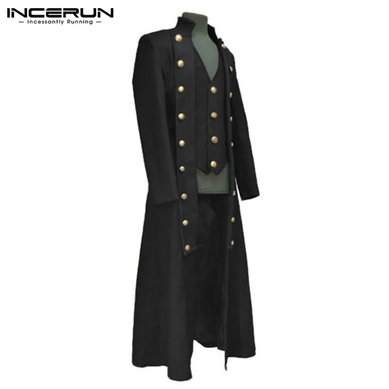 INCERUN Men Gothic Coats Solid Long Sleeve Buttons Vintage Punk Style Tailcoat Lace Up Trench Men Long Outerwear Costume