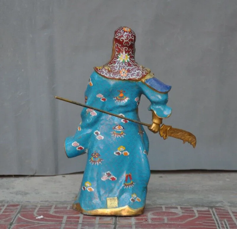 Свадебные украшения бронзовые Перегородчатые Эмаль позолоченный Guan Gong Yu воин Бог Дракон держать нож статуя