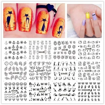 12 листов/Набор японских кружевных перьев черные/белые большие водные наклейки