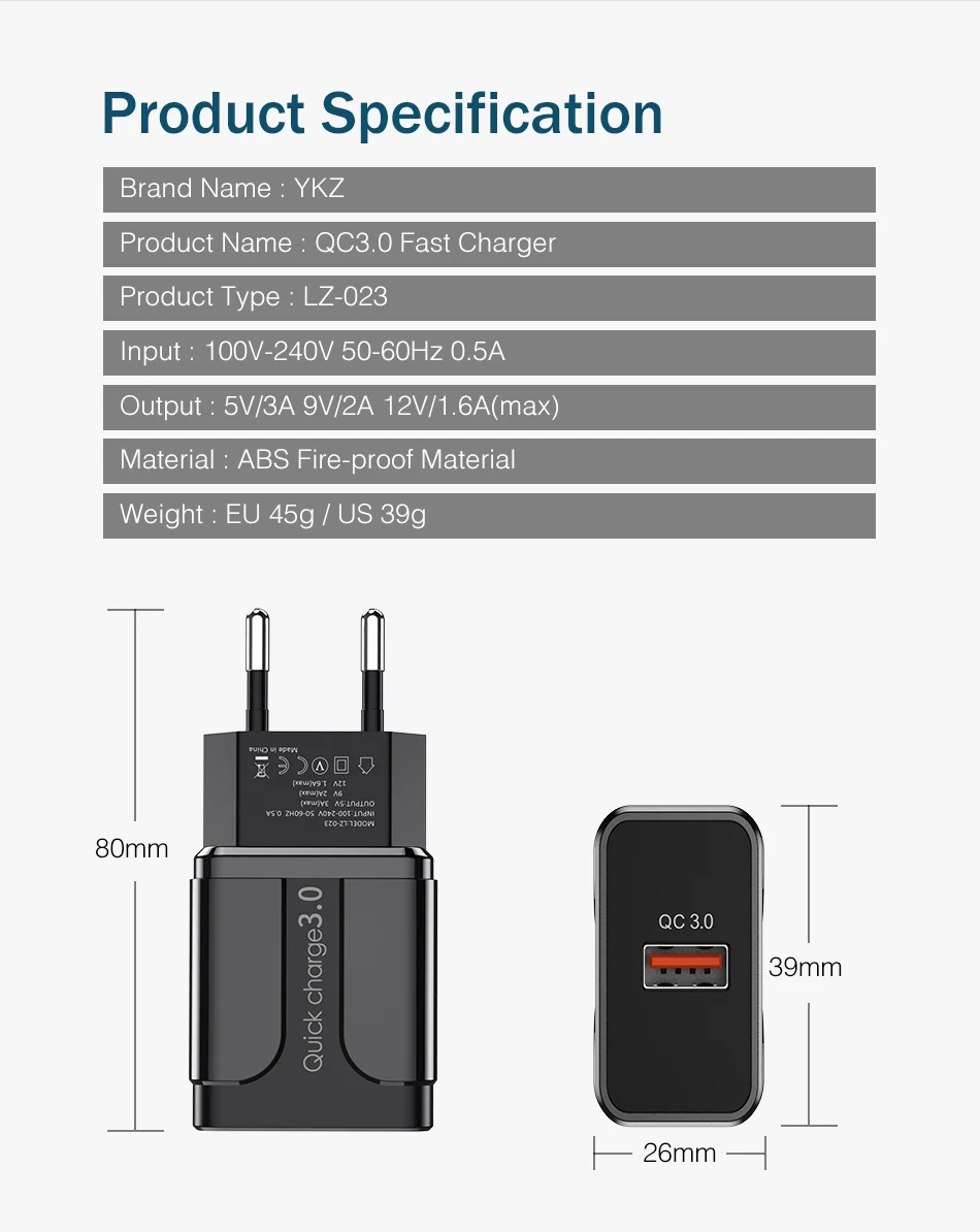 YKZ зарядное устройство для мобильного телефона Быстрая зарядка QC 3,0 4,0 18 Вт Быстрая зарядка ЕС США вилка адаптер настенное USB зарядное устройство для iPhone samsung Xiaomi