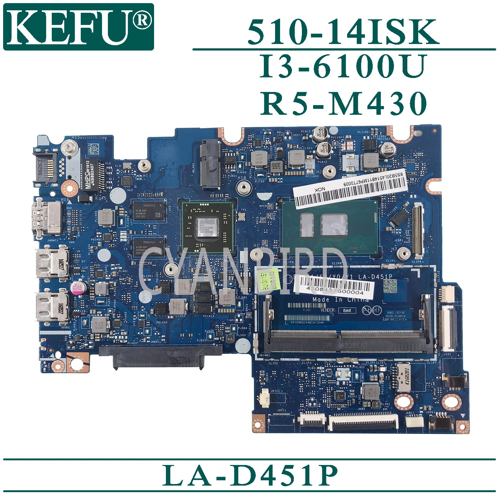 

KEFU LA-D451P original mainboard for Lenovo YOGA 510-14ISK Flex4-1470 with I3-6100U R4-M430 Laptop motherboard