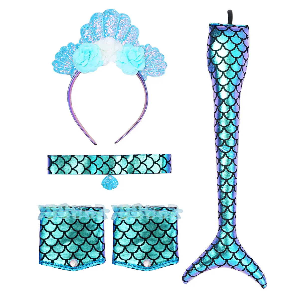 Kids Mermaid Costume Shiny Fish Scale Printed Headband with Wrist Sleeves Choker Tail Girls Halloween Cosplay Party Accessories |