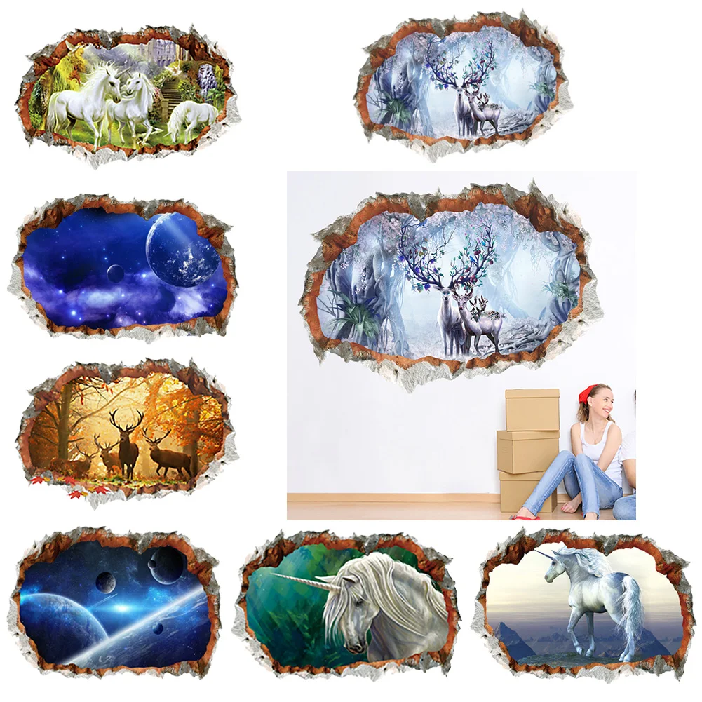 3D Broken Wall Hole Stickers Office Living Room Bedroom Home Decoration DIY Animal Deer Starry Sky Mural Art | Дом и сад