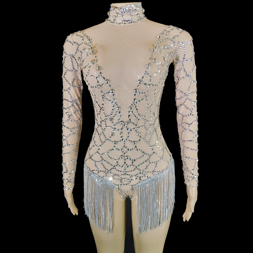 

Sparkly Rhinestones Fringes Bodysuit Dance Costume Long Sleeve See Through Nightclub Outfit Tassel Clothes Party Show Stage Wear