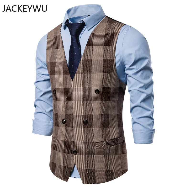 Брендовый мужской жилет, деловой Повседневный двубортный жилет в британском стиле, клетчатый пиджак без рукавов, Chalecos Para Hombre