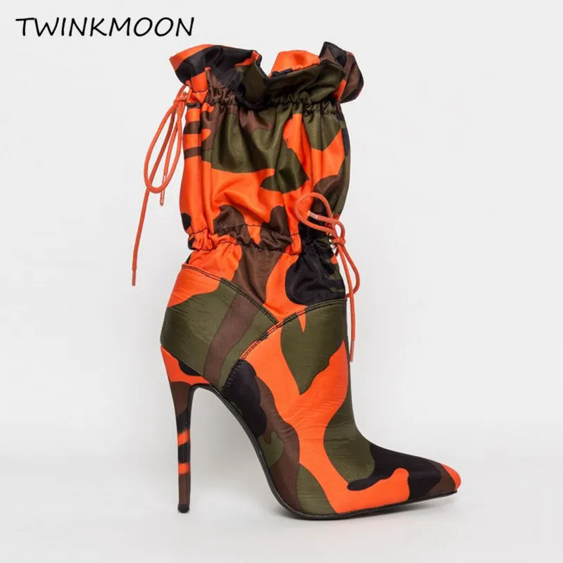 

Camouflage Print Women's Boots High Heels Shoes Ankle Boots Sexy Point Toe Adjustable Women's Autumn Shoes zapatos mujer 2019