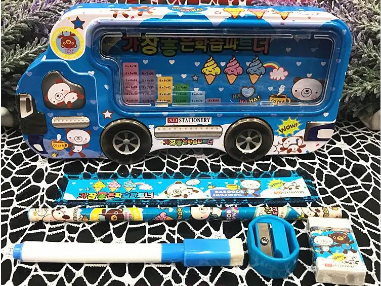 Korean bear blue Милый нарисованный Дораэмон "Человек-паук" пенал для карандашей с карандашом Rulder заточника ластика Набор детских канцелярских принадлежностей на день рождения, подарок, школьные принадлежности - Цвет: Korean bear blue