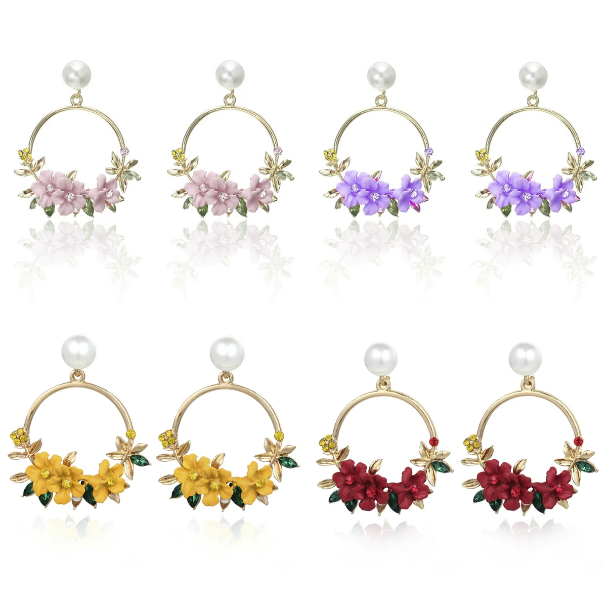 Summer Pink Purple Flower Wreath Drop Earrings For Women Statement Fashion Big Circle Rhinestone Earrings Bijoux Femme