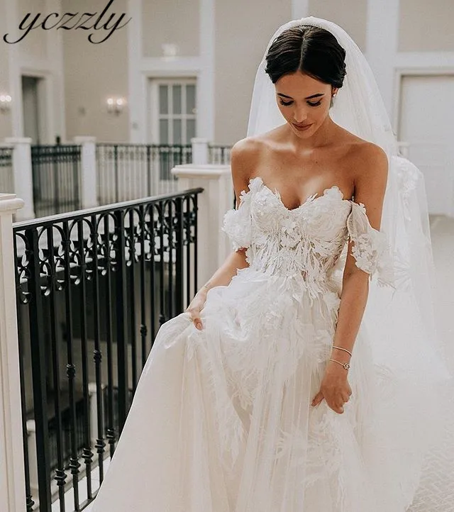 Abito Da Sposa сексуальные с открытыми плечами А-силуэта длинные кружевные накладные орнаменты пляжные свадебные платья большого размера платье невесты Y20