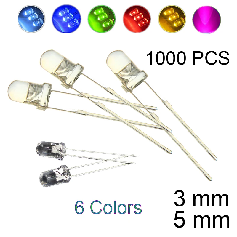 

1000pcs LED Emitting Diodes Warm White 6 Color Green White Wide Angle Red 3mm/5mm Pink Blue Lot High Bright Transparent Cover