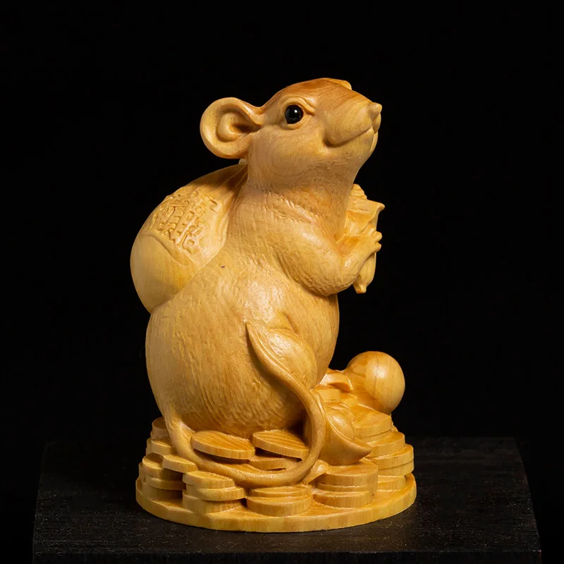 Boxwood Statue Rich Rat Zodiac Lucky Feng Shui Living Room Decorative Wood Carving Crafts Gold Mouse Animal Sculpture Home Decor