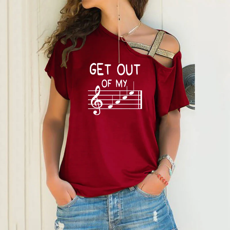 

Get Out of My Music Note Print T-shirt Women Irregular Tshirt Student Sexy Loose Tops Harajuku Skew Neck Cross Bandage T-shirt