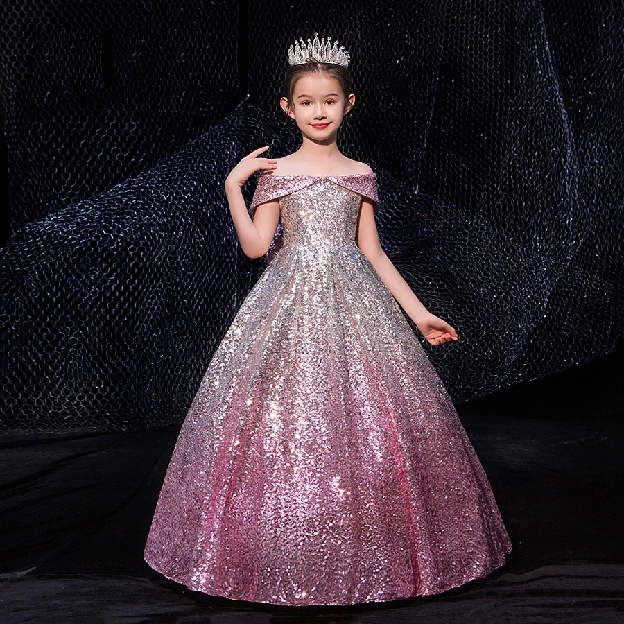 

Luxury Bling First Holy Communion Dress Off Shoulder Kids Pageant Dress for Birthday Christmas Party Big Bow Girls Formal Dress