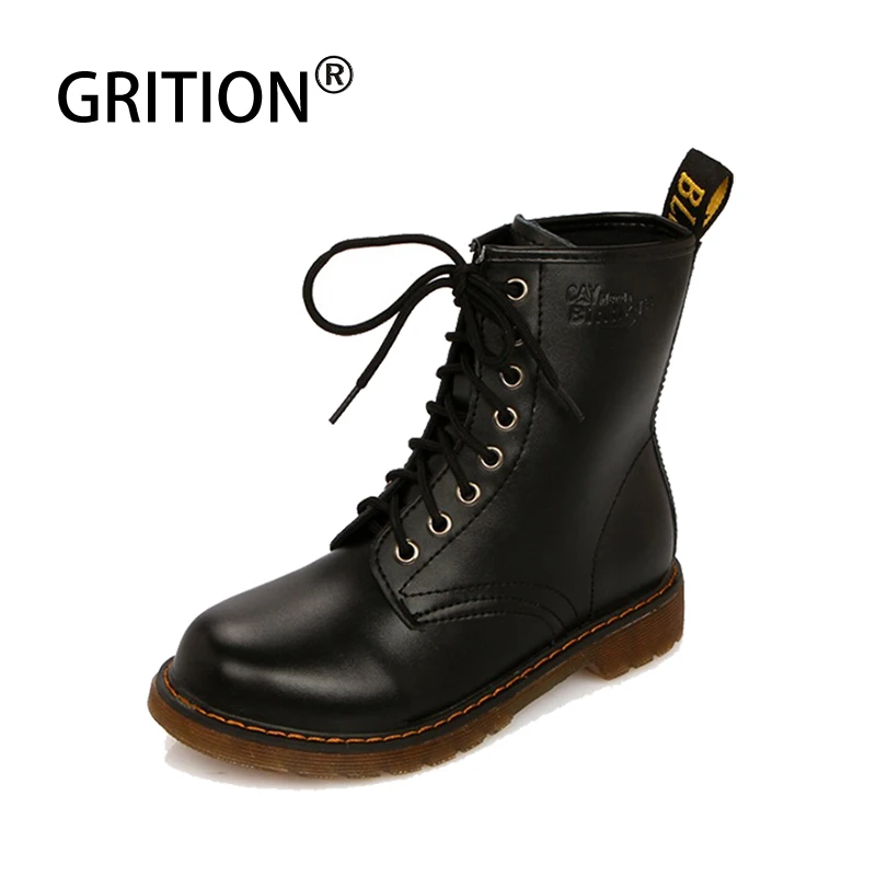 

GRITION Doc Martens Women Motorcycle Boots Flat Increase Height Heel Round Toe Autumn Black Ankle Boots Fashion Street Work Shoe