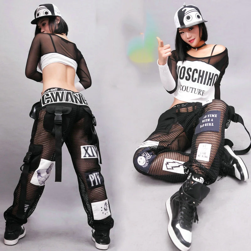 

Jazz Dance Costumes Fashion Sexy Mesh Pants Hip Hop Clothing Adult Street Dancing Trousers Nightclub Modern Stage Outfit DT1073