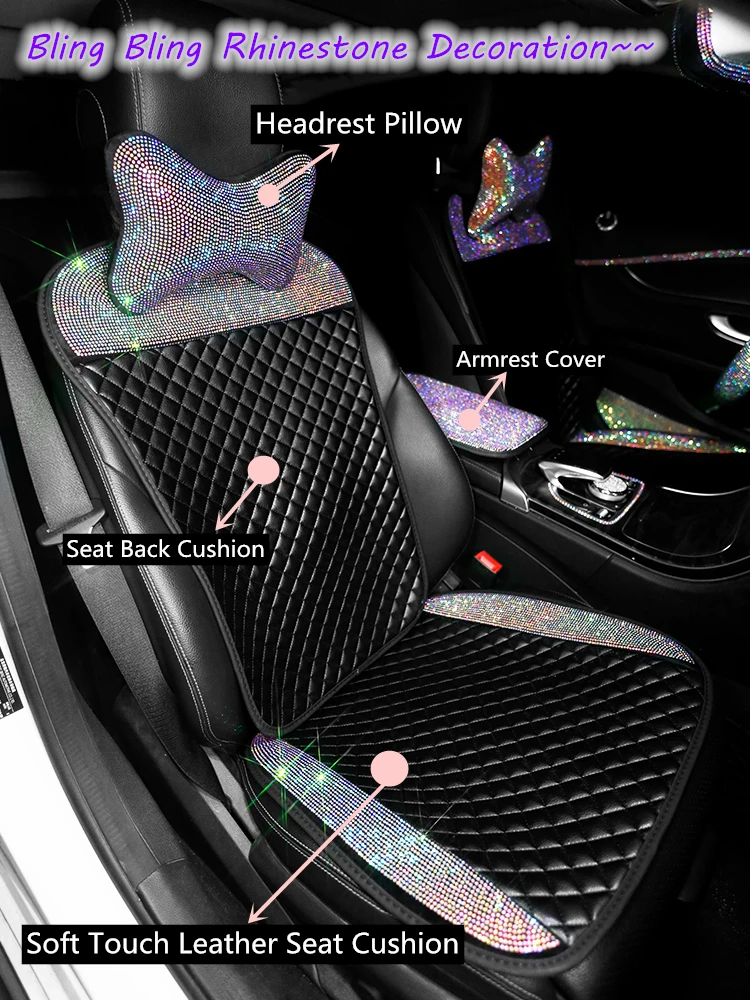 Car Seat Cover PU Leather Full Set Women Bling Rhinestone Interior Accessories Cushion Universal Size Luxury Decoration