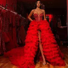 Великолепные красные вечерние платья из тюля с высоким и низким