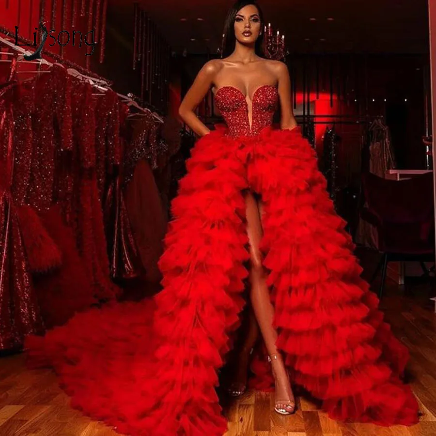 

Gorgeous Red Crystal High Low Tulle Evening Dresses Ruffles Tiered Long Tutu Prom Gowns Sweetheart Beaded Party Dress