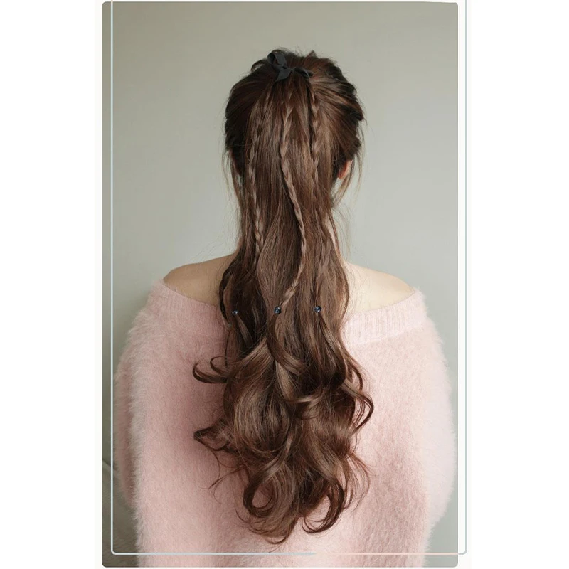 Allaosify Synthetic Long Kinky Wavy Ponytail with Braids Hair Accessories for Women Hair Drawstring Ponytail Extension Wig