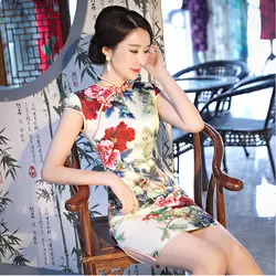 3XL женское Qi Pao мини платье Чонсам короткое Новое шелковое тонкое Qipao пион разноцветные цветы Печать Мини китайское платье с коротким