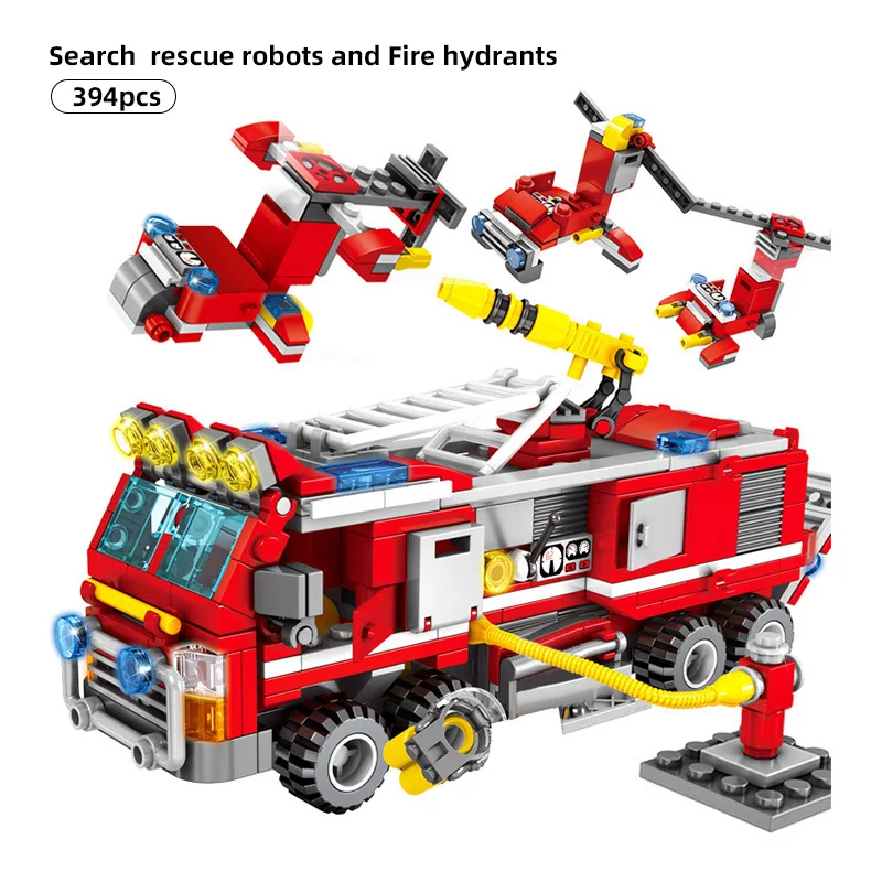 394pcs 27in1 Fire Fighting Truck Building Blocks Compatible legoing City Car Helicopter Educational Brick Toys for Children Gift
