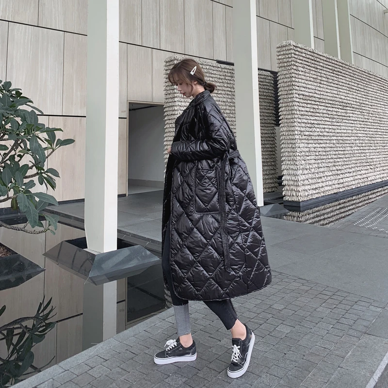 XITAO Argyle пояс трапециевидная Повседневная парка для женщин зима корейский Свободный модный тренд стиль квадратный воротник парка пальто DMY1234