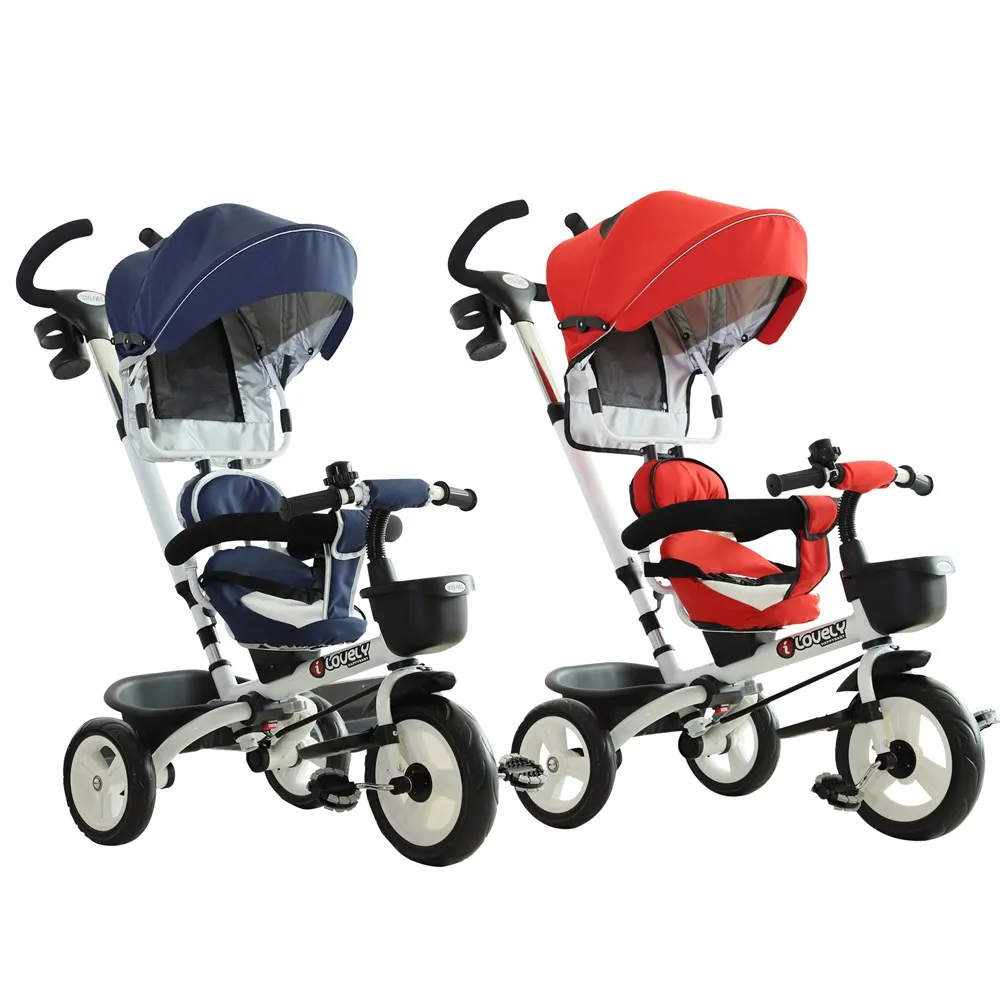 HOMCOM Triciclo Bebe Plegable 4 en 1 Trolley Trike Bicicletas para Ninos +18 Mes Evolutivo Asiento Giratorio Capota Barra