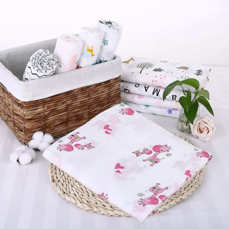 120*120CM Muslin swaddle wrap Cotton Double layer print Soft baby Blanket newborn Stroller Cover Sleepsack Gauze Bath towel