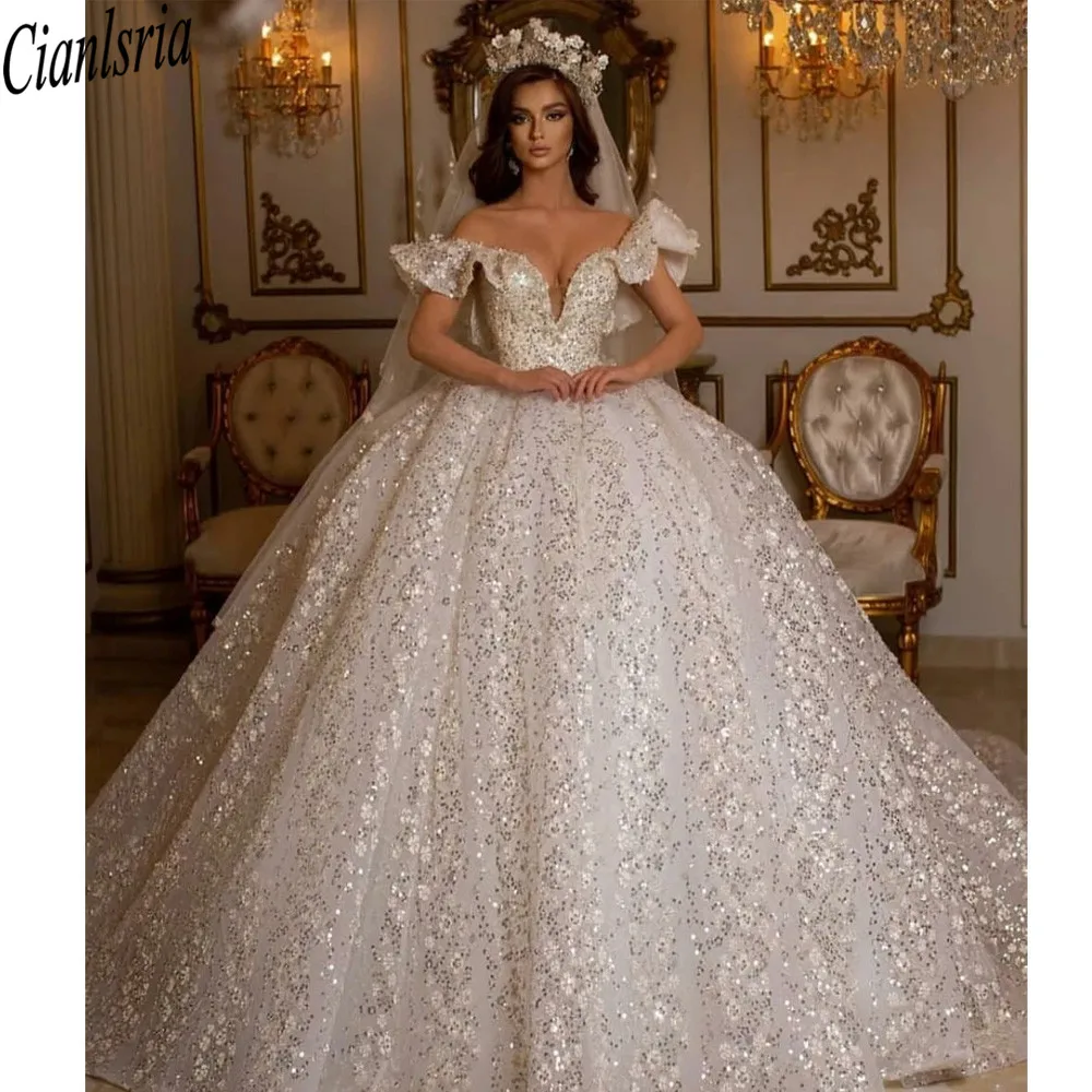 

Vestido De Noiva Vintage Ball Gown Wedding Dresses Ruffles Off Shoulder Sequins Long Dubai Arabic Bridal Gowns For Women