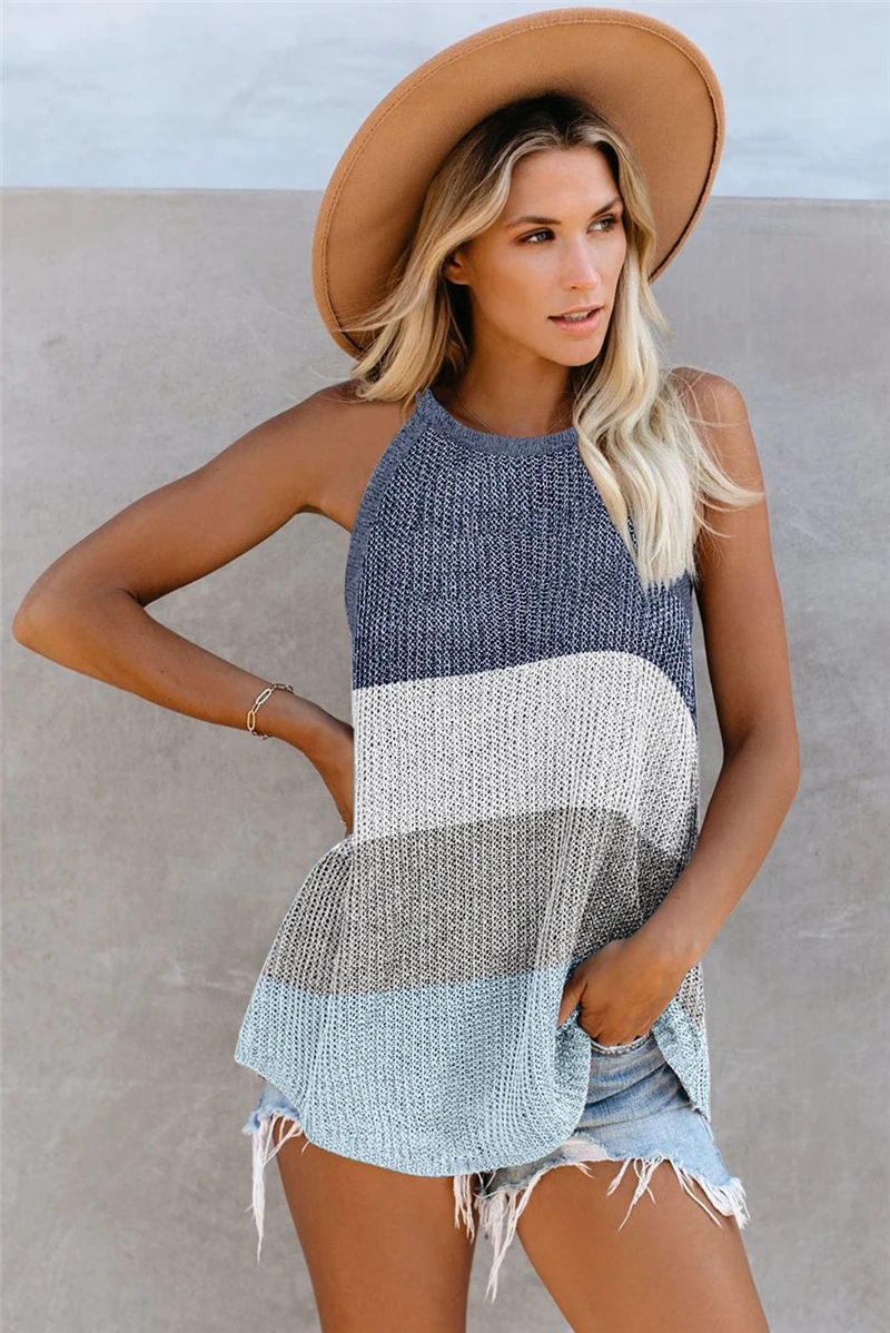 SWQZVT Women's Tanks Summer New Casual Striped Mix-colors 2020 New Round Neck Sleeveless Knitted Shirt Women Ladies Tops Vest (4)