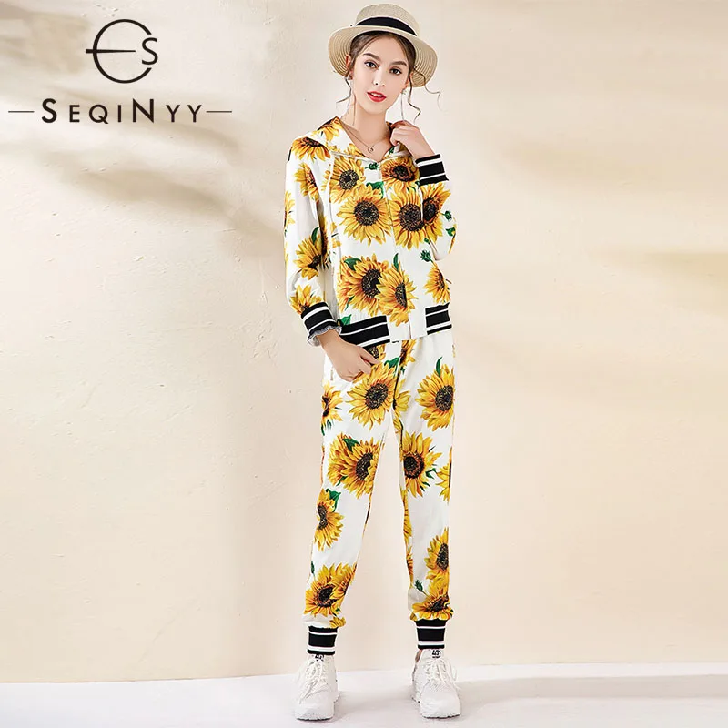 

SEQINYY Sunflower Set 2020 Summer Spring New Fashion Design Women Long Sleeve Hooded Jacket Ankle Pants Printed Slim Suit