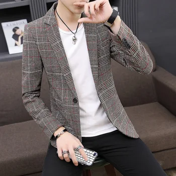 

Men New Fashion Business Plaid Blazer Mens Slim Fit Jacket High Quality Mens Blazers One Buttons