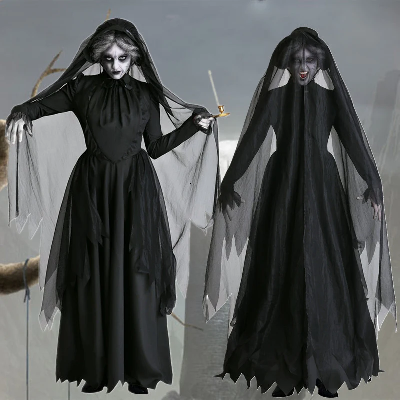 Готическая ведьма страшная Невеста Косплей Хэллоуин костюм для женщин День мертвых вуаль+ платье демон вампир ужас Маскировка карнавал